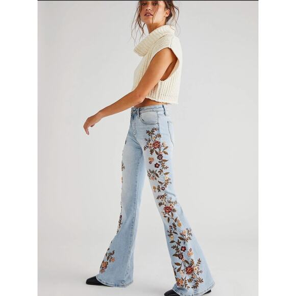 Free People Denim - Driftwood x Free People Farrah Embroidered Flare Jeans Size 25